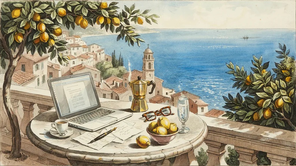 Terrasse face à la mer, avec ordinateur, café et citrons